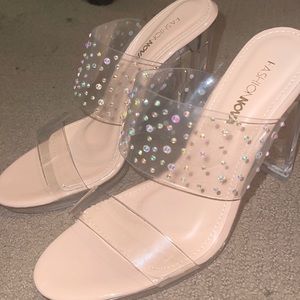 Down With You Rhinestone Heeled Sandals - Nude